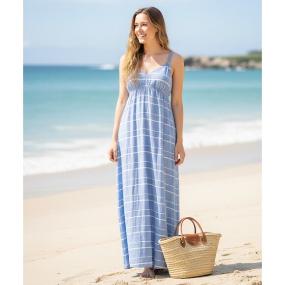J Crew Size L Linen Maxi Dress Blue Striped Relaxed Beachy Coastal - Picture 1 of 11